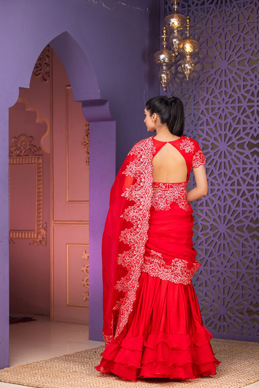 Red Lycra Lehenga Saree Set with Heavily Embellished Blouse and Flowing Organza Pallu