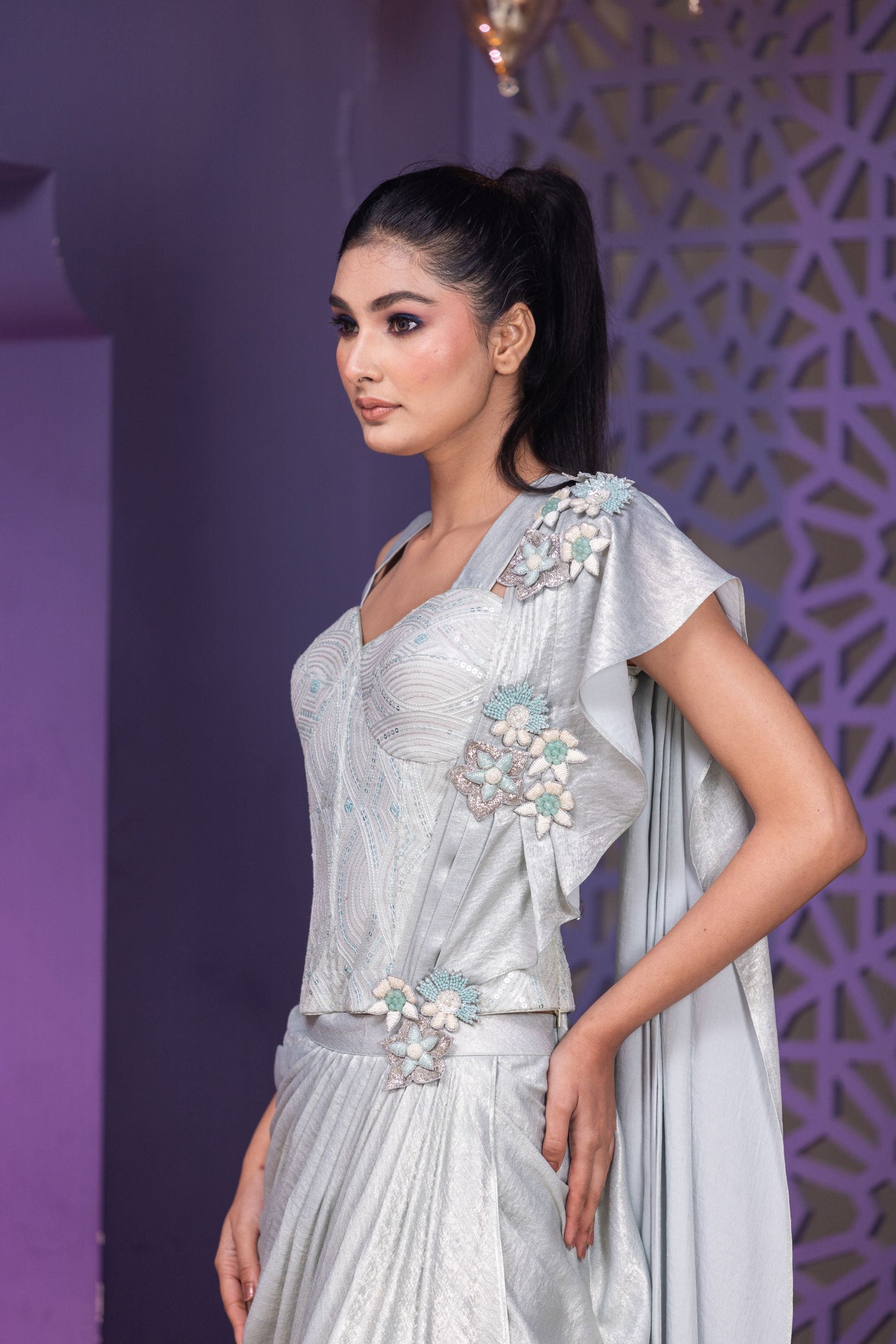 Aqua Bone Corset Drape Saree with Attached Pallu