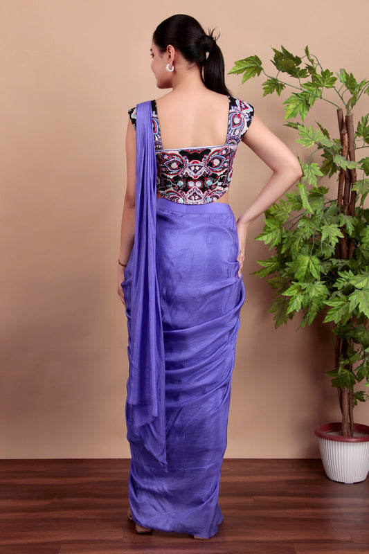 Luxury Draped Saree Ensemble with Hand-Embroidered Multicolor Blouse
