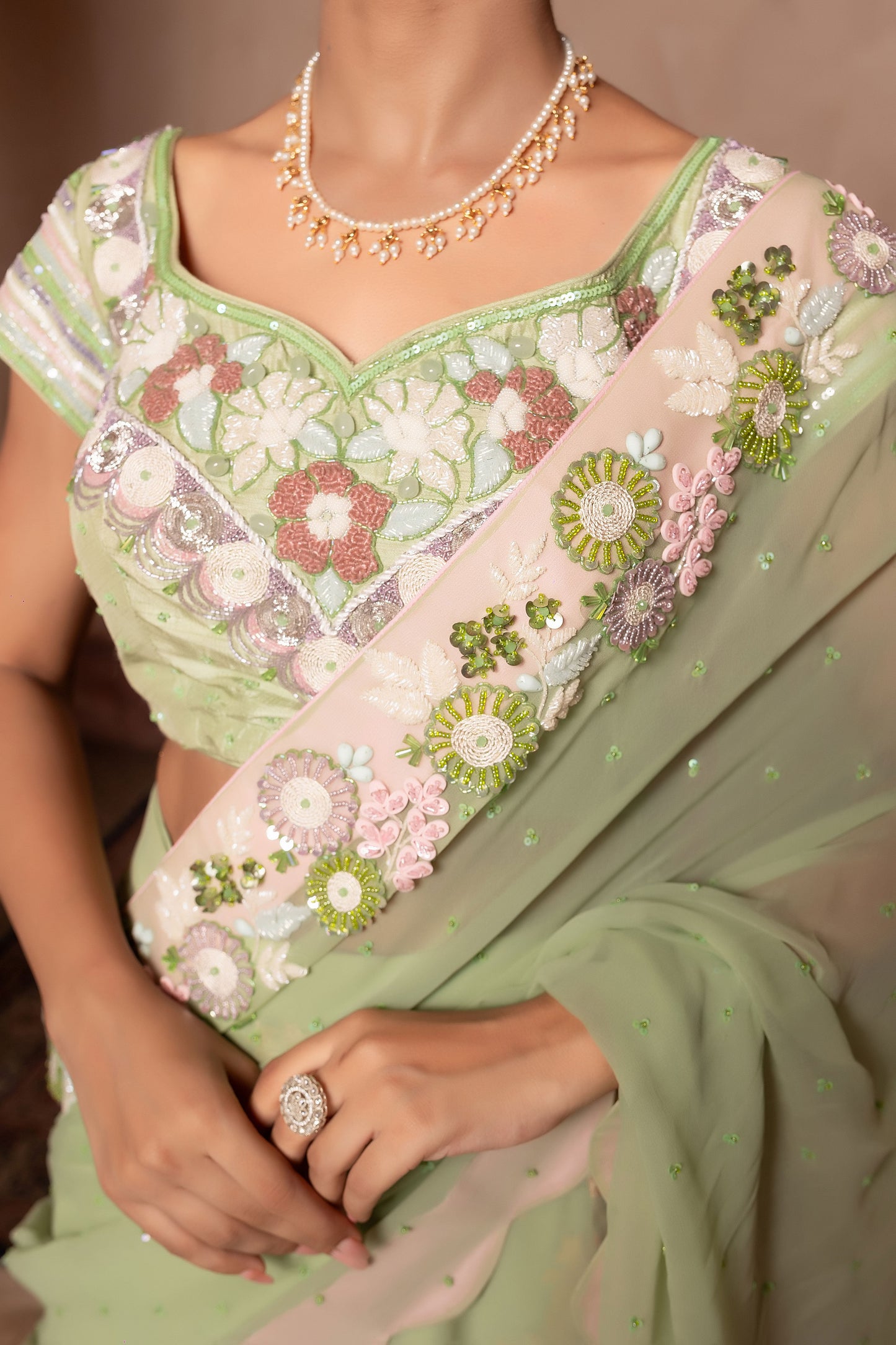 Luxury Sea Green Lehenga Saree With Pearl Bead And Thread Work Blouse