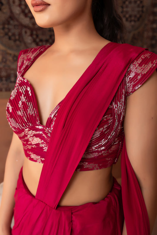 Wine Drape Saree With Wired Blouse