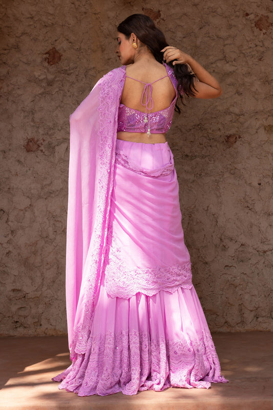 Designer Lilac Draped Saree With Pearl Sequins And Cutdana Work