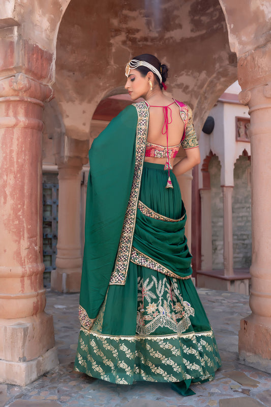 Green Silk Lehenga Saree With Gold Embroidery And Heavy Border Work