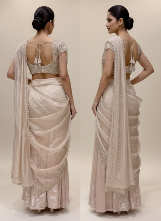 Festive Wear Rose Gold Saree With Sequins Pearl And Cutdana Accents