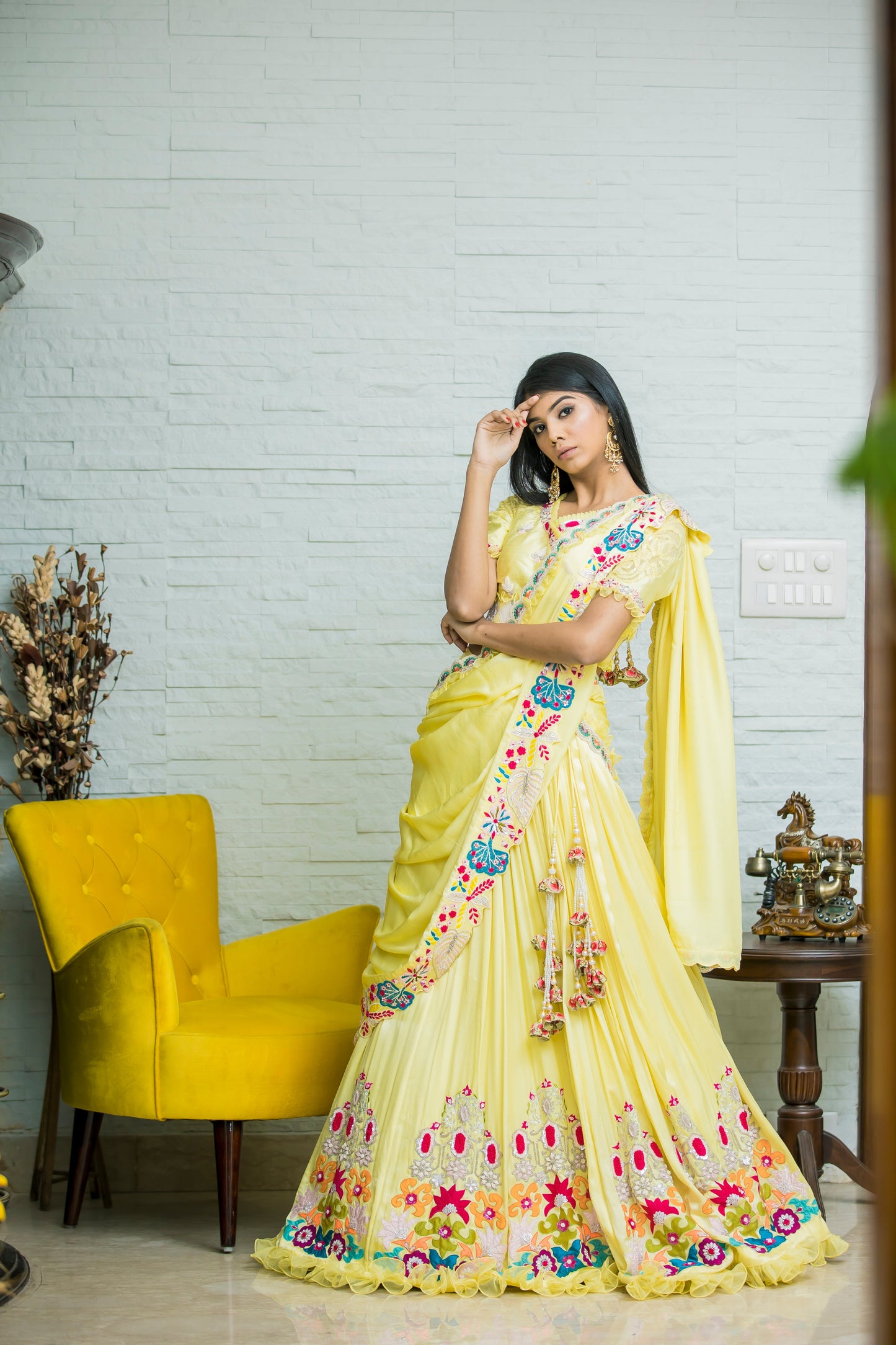 Elegant Lemon Yellow Pleated Lehenga with Heavy Embroidery Ensemble