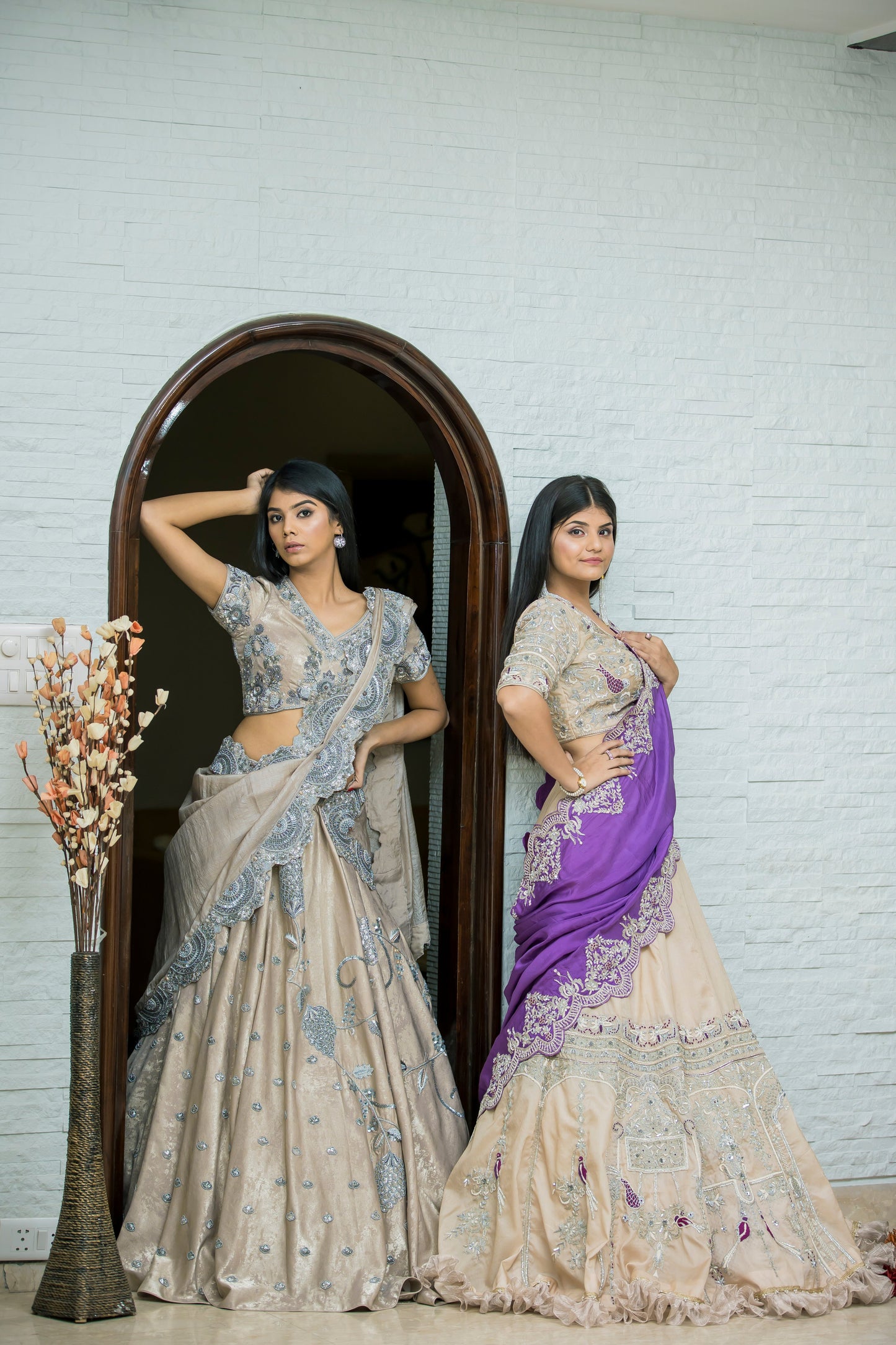 Beige Lehenga with Heavy Embroidered Blouse and Purple Dupatta