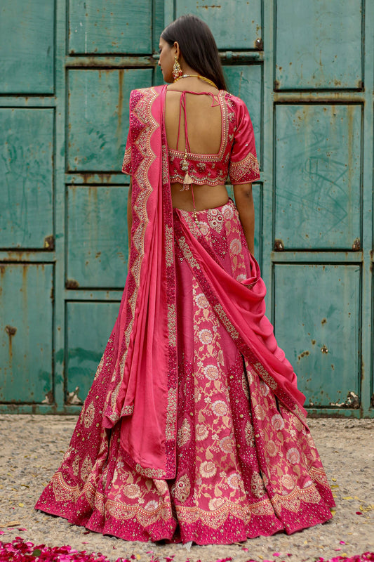 Gajri Banarasi Lehenga Set with Heavy Blouse and Dupatta