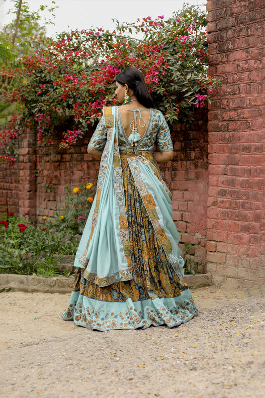Festive Kalamkari Lehenga Ensemble with Matching Blouse and Soft Silk Dupatta