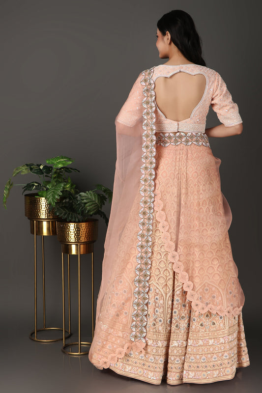 Peach Chikankari Lakhnavi Lehenga with Matching Dupatta