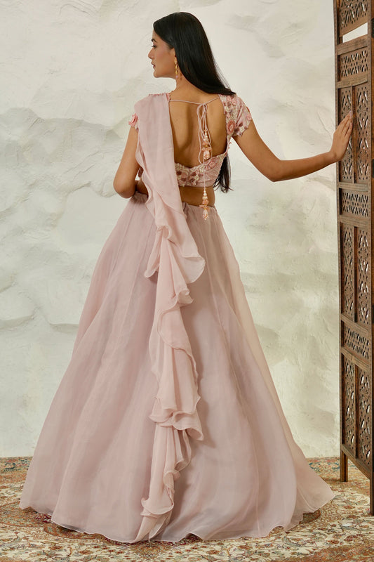 Designer Onion Pink Lehenga Set in Organza with Crepe Blouse and Embellished Frill Pallu