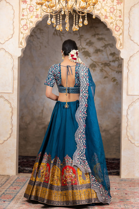 Teal Blue Peacock Lehenga with Heavy Zari Blouse and Organza Dupatta