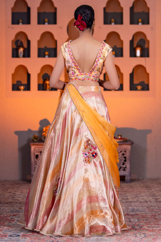 Designer Leheriya Organza Lehenga With Brocade Blouse & Embellished Organza Dupatta