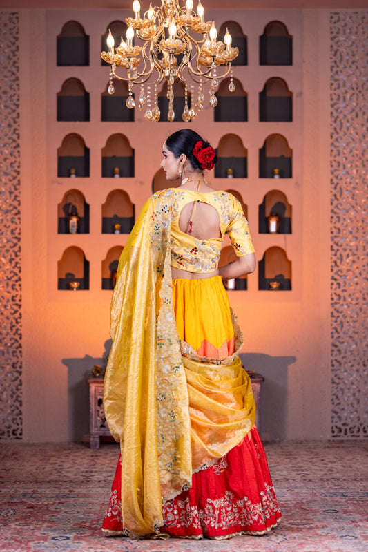 Tricolor Dupion Lehenga Set with Tissue Dupattas and Thread Cardozo Work Blouse