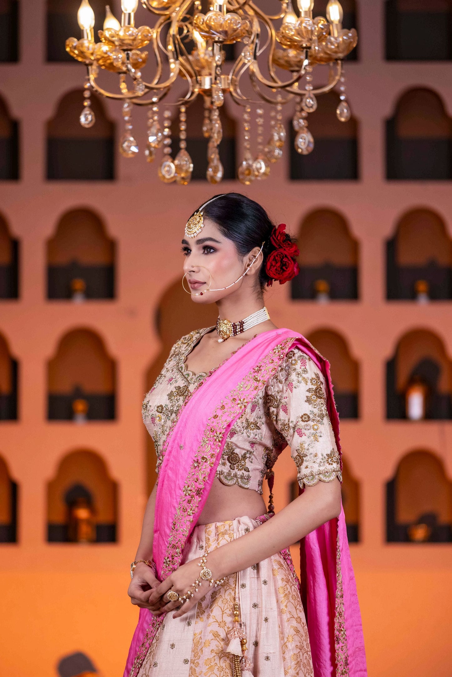 Bridal Pink Zardosi Lehenga With Dabka Cutdana Pearl Work And Contrast Border Dupatta