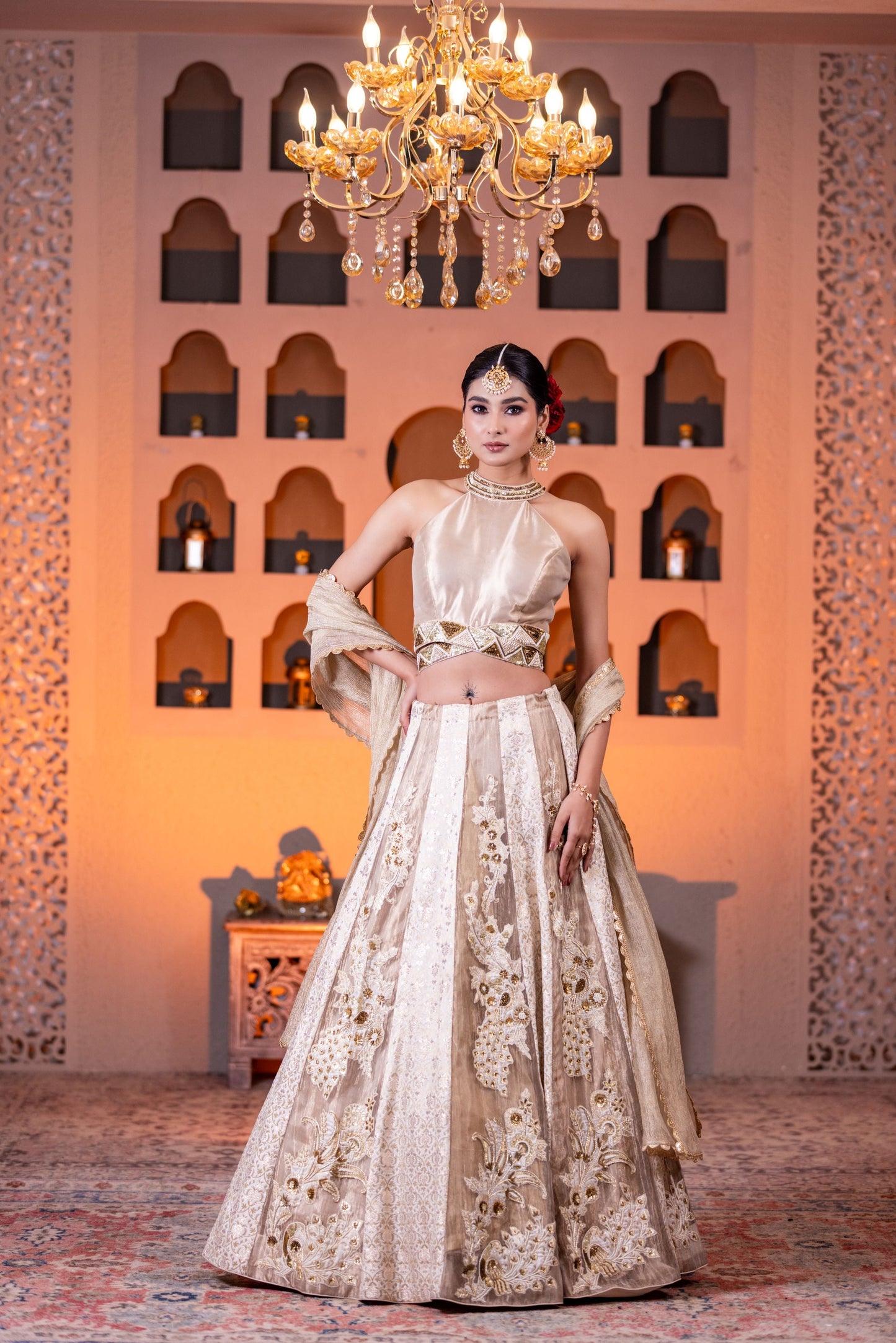 Bridal Style Golden Tissue Lehenga with Intricate Hand Embellishments and Halter Neck Brocade Blouse