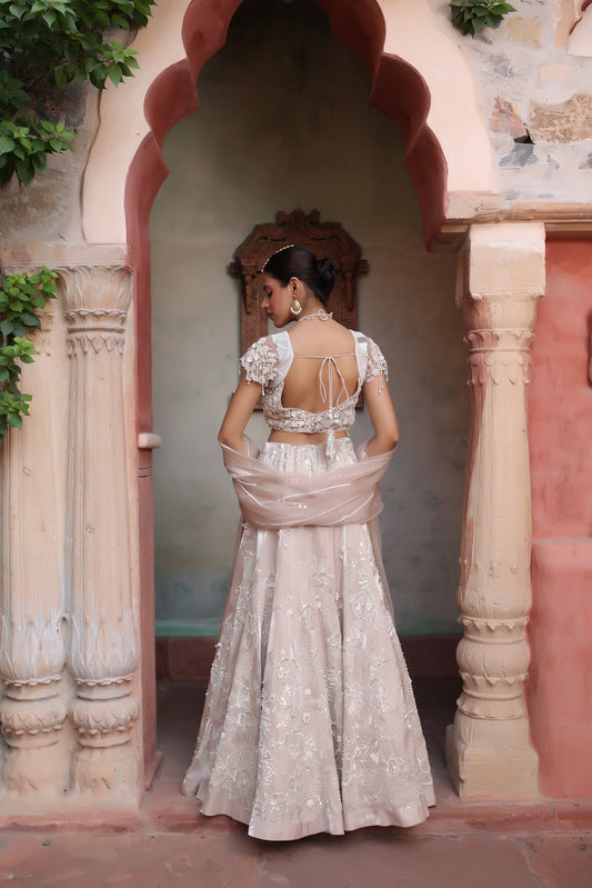 Ivory Bridal Lehenga Set with Embellished Blouse and Organza Dupatta