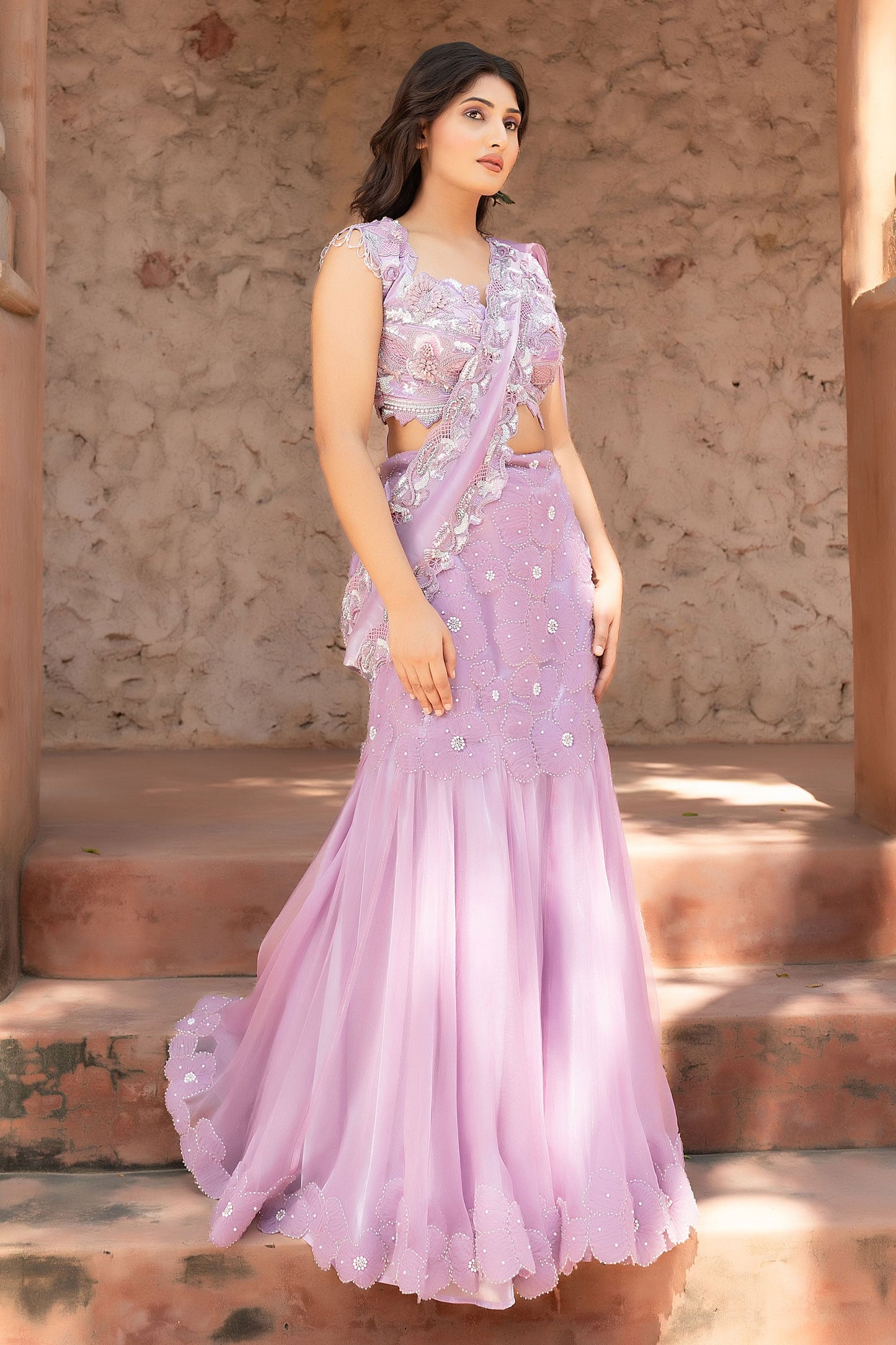 Mauve Lehenga Saree With Heavily Embellished Blouse And Organza Dupatta
