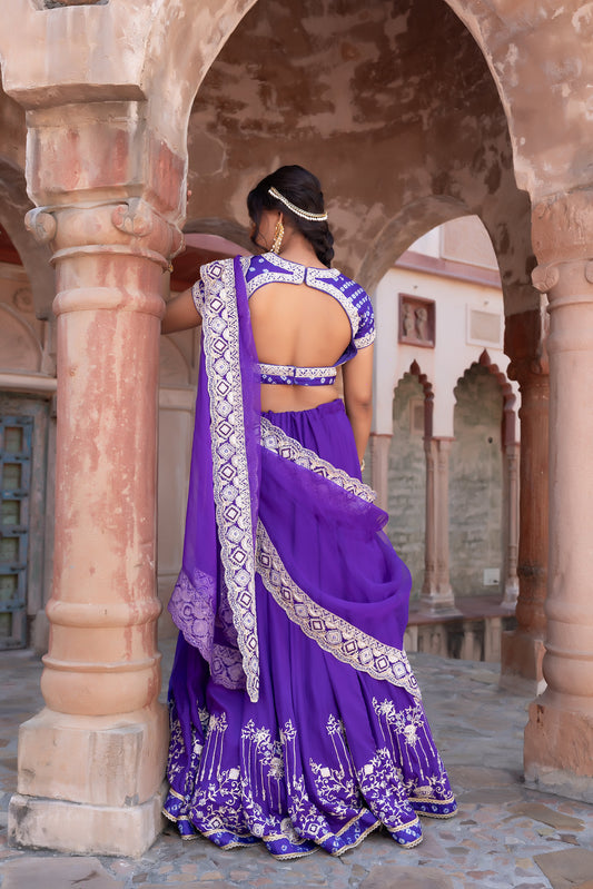 Purple Hand Embroidered Lehenga with Bandhej Embellished Blouse & Organza Dupatta