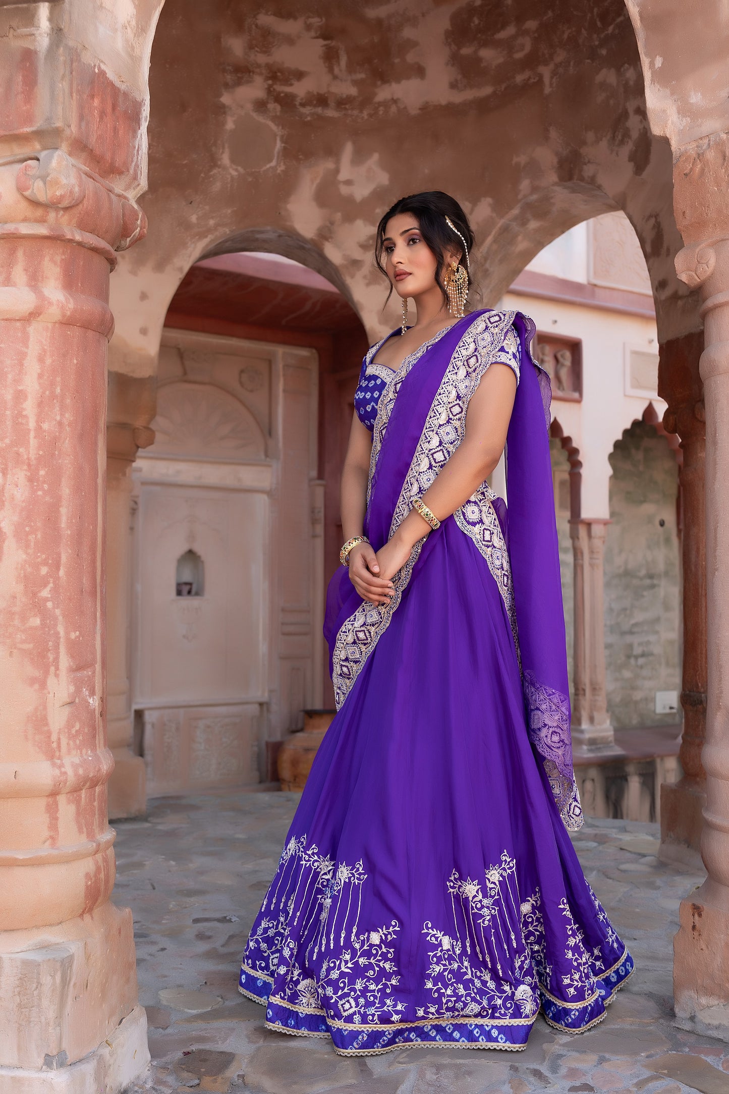 Purple Hand Embroidered Lehenga with Bandhej Embellished Blouse & Organza Dupatta