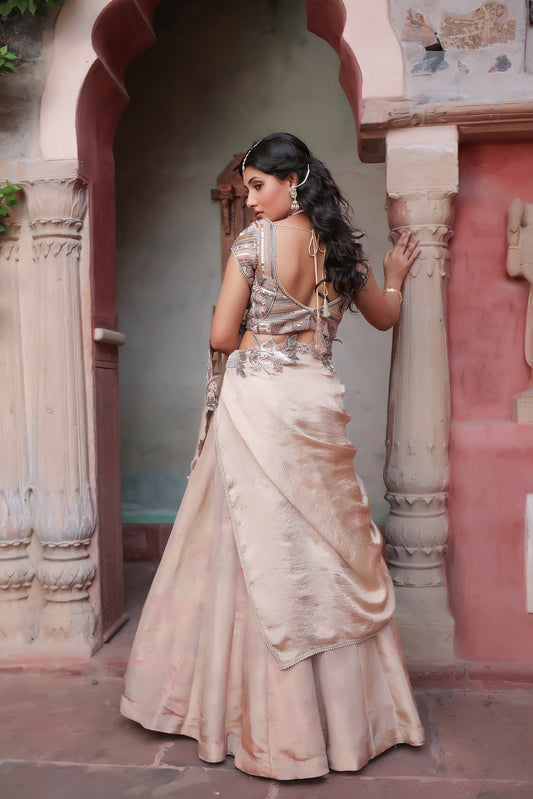 Bridal Golden Tissue Lehenga Featuring Ornate Blouse and Cutwork Dupatta