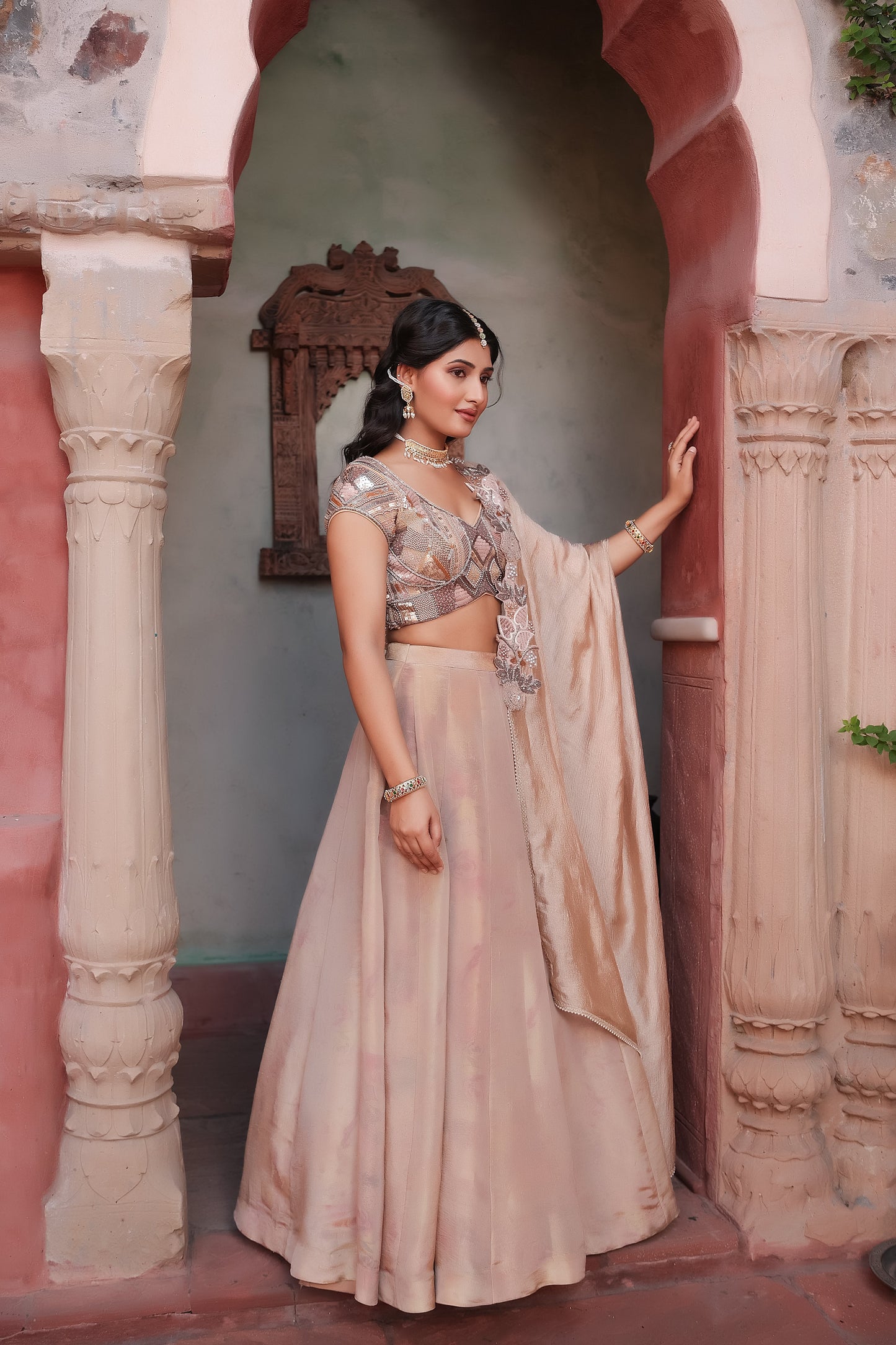 Bridal Golden Tissue Lehenga Featuring Ornate Blouse and Cutwork Dupatta