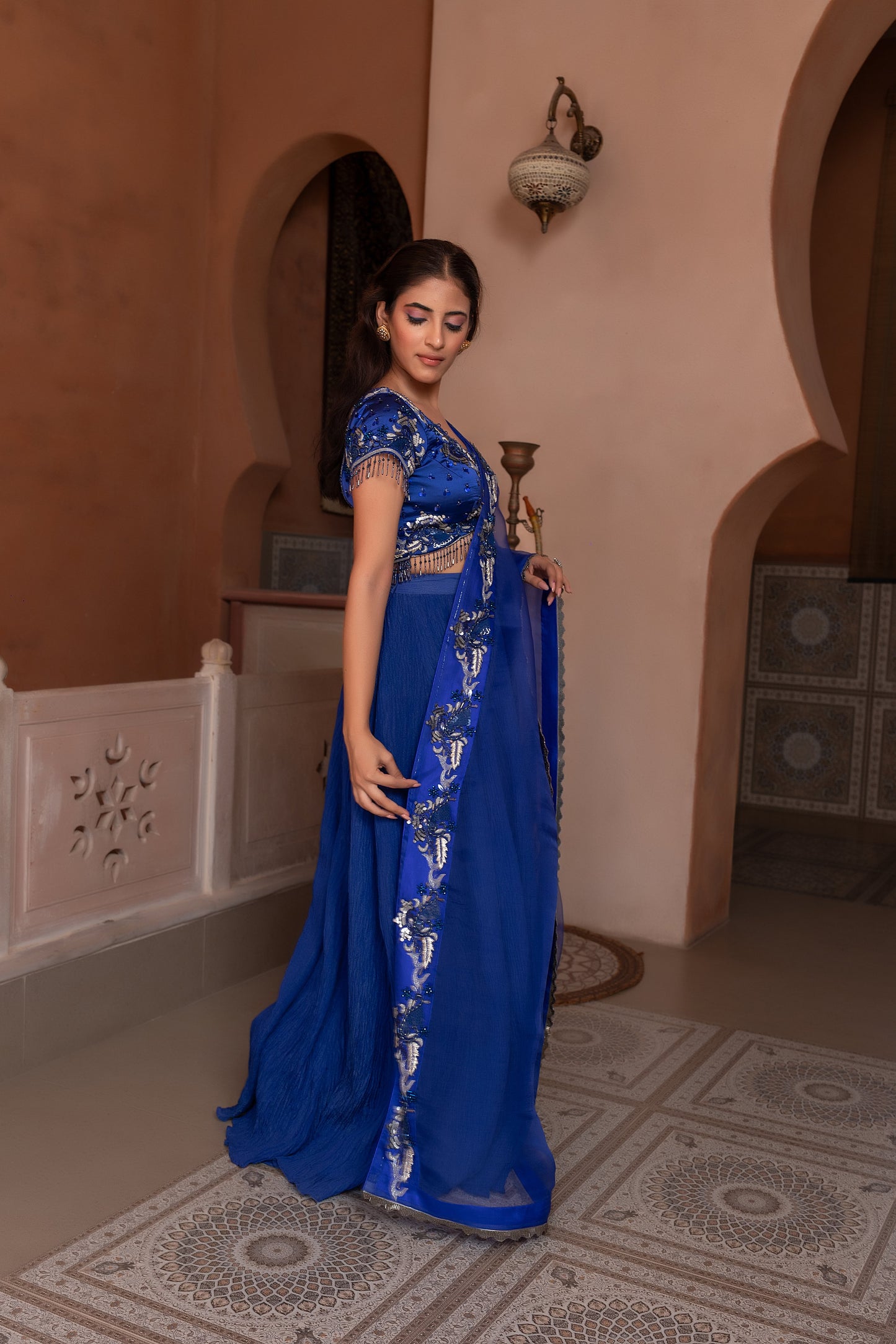 Royal Blue Festive Wear Crush Tissue Lehenga with Lace Detailing