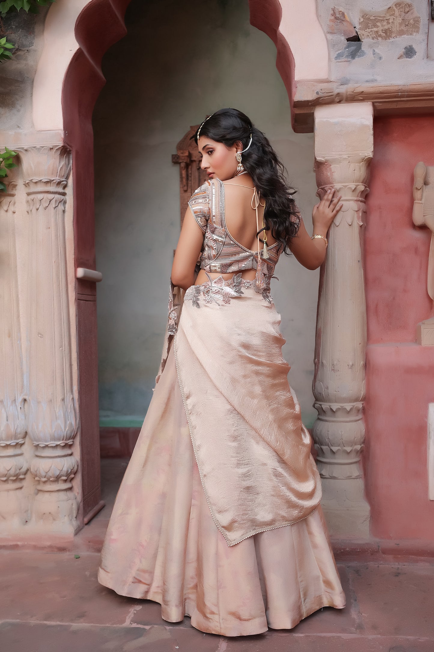 Golden lehenga and heavy handwork blouse & dupatta with cutwork design