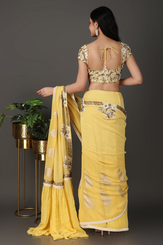 Soft Yellow Floral Embroidered Saree with Elegant Border and Sheer Finish