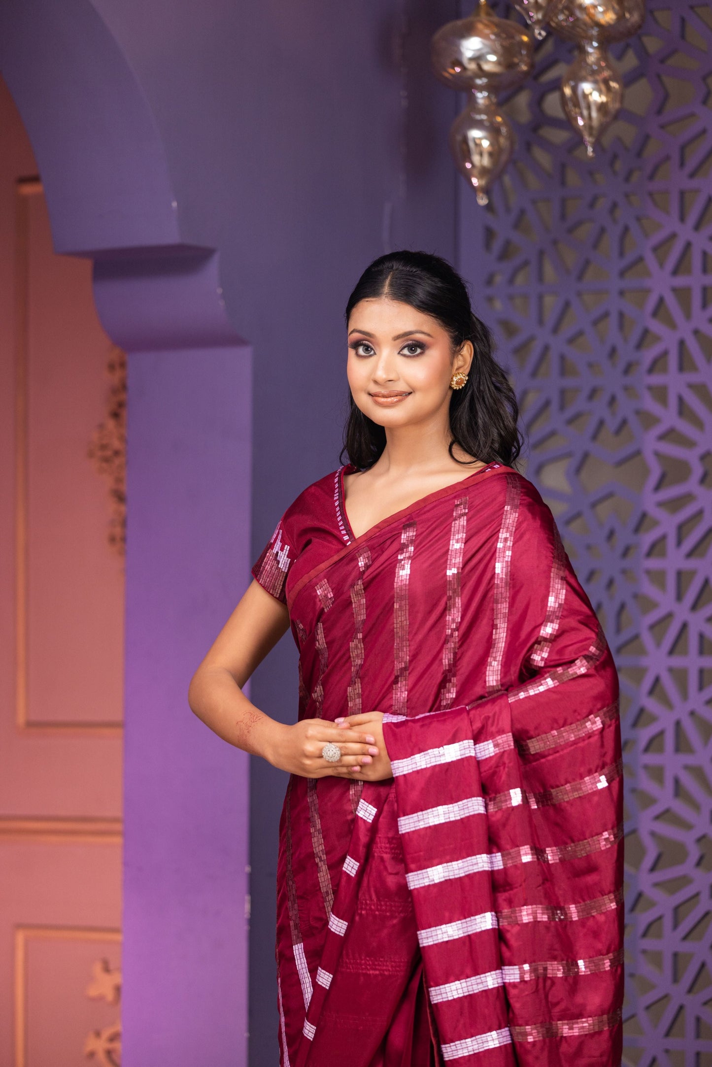 Wine Heavy Sequin Embellished Pallu Saree And Blouse