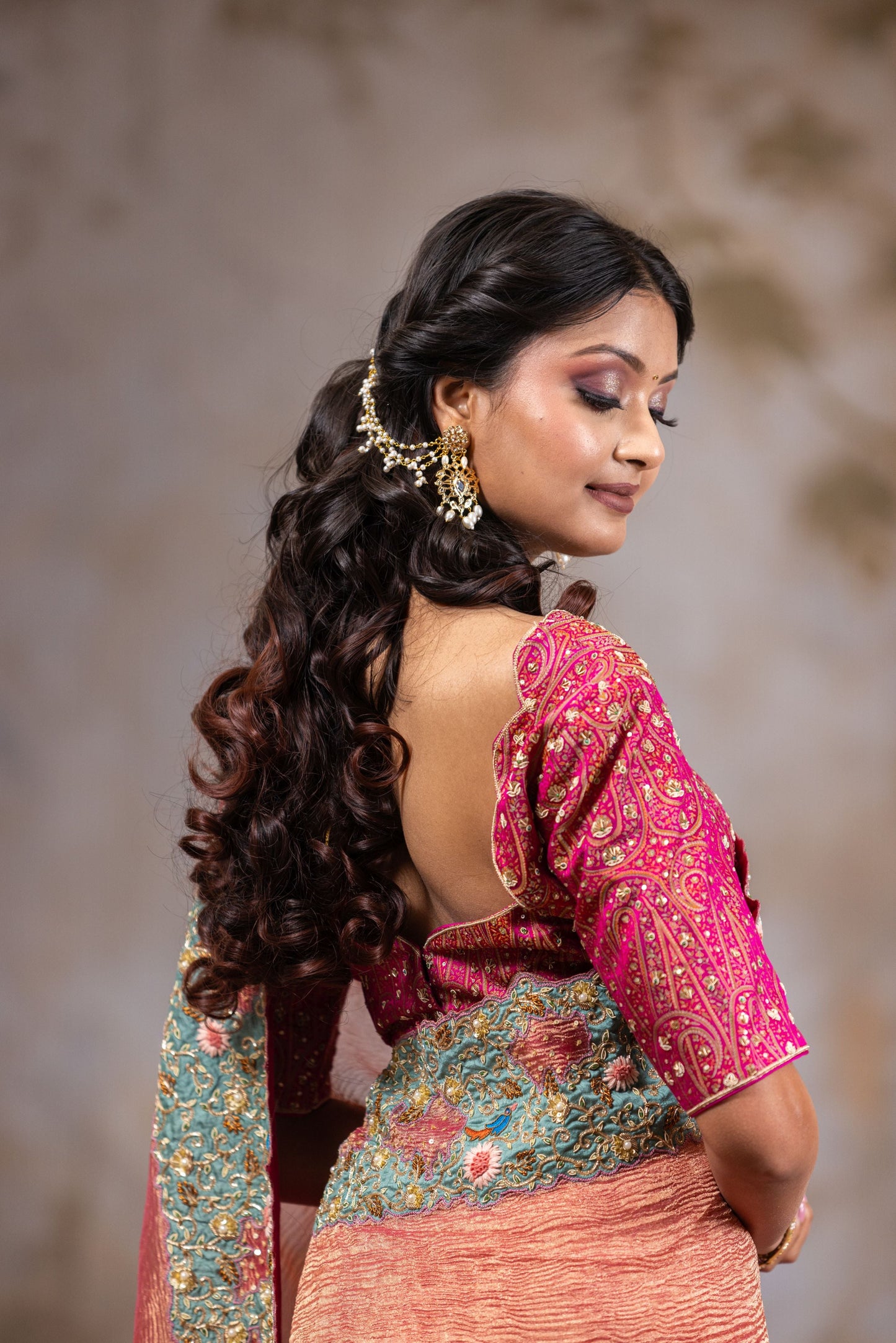 Elegant Crushed Tissue Saree with Contrast Hot Pink Brocade Blouse and Zardosi Border