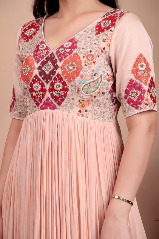 Peach anarkali with different colour patch work embroidery with dupatta