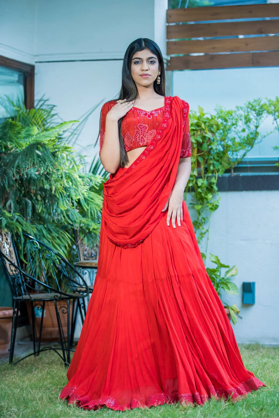 Luxury Red Party Silk Saree with Sequin and Pearl Detailing