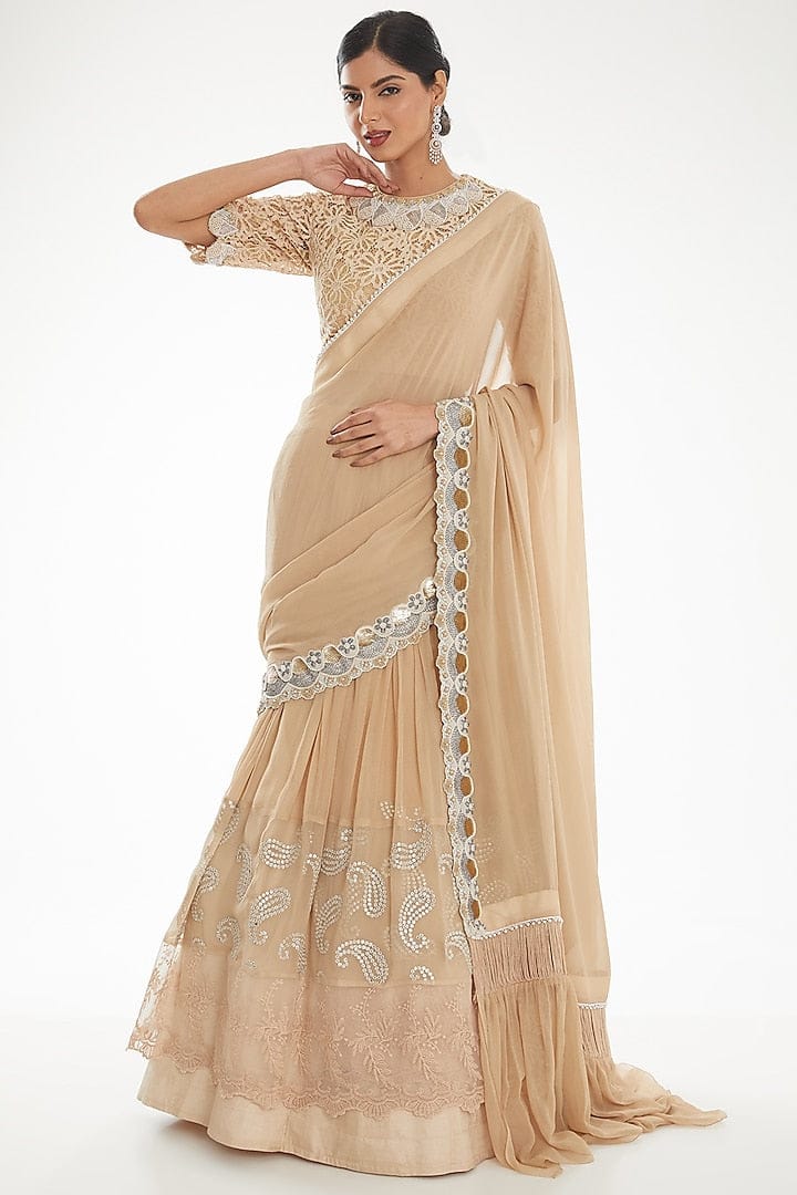 Luxury Golden Georgette Lehenga Saree with Intricate Thread and Pearl Detailing