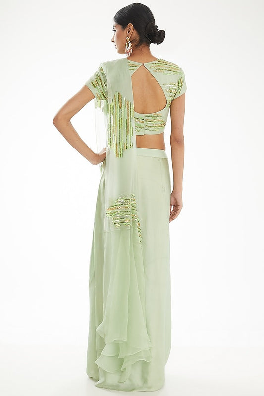 Luxury Sea Green Saree with Drape Style and Intricate Embroidery Work