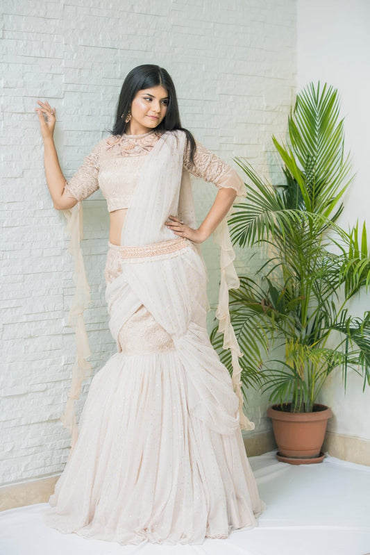 Onion Pink Organza & Net Lycra Saree with Elegant Pearl Embellishments