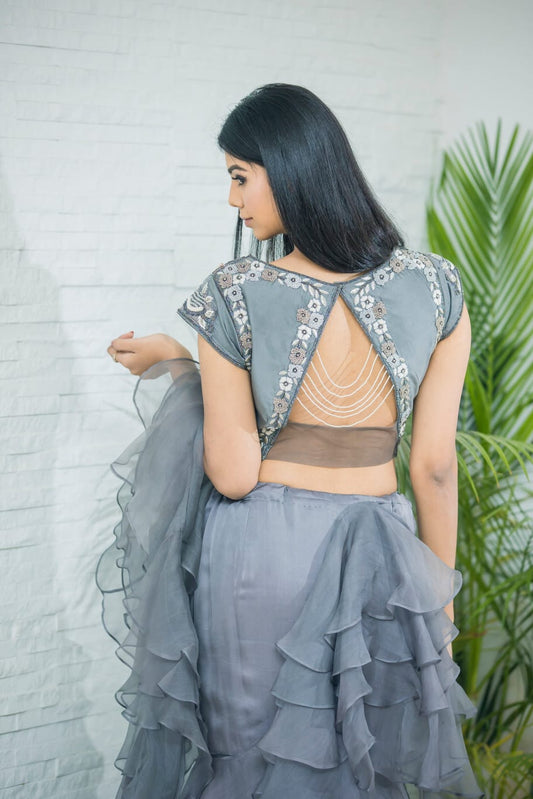 Steel Grey Elegant Saree In Silk and Organza With Zari Sequins And Pearl Work