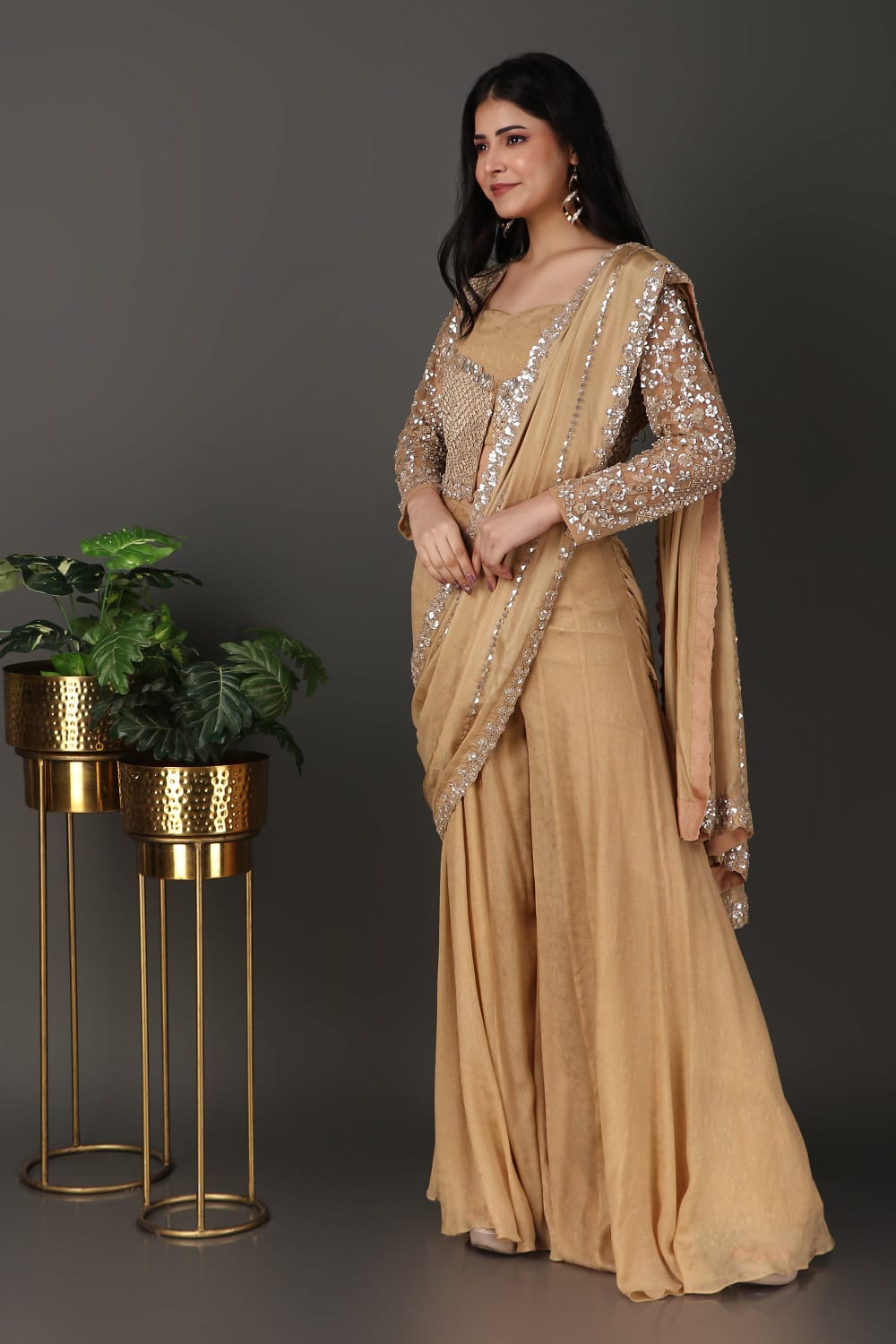 Festive Golden Silk Georgette Drape Saree with Handcrafted Embellishments