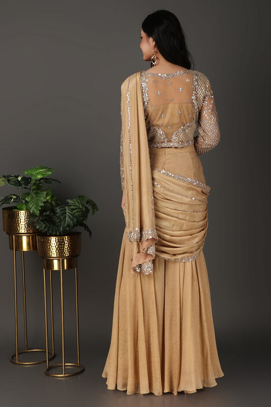 Festive Golden Silk Georgette Drape Saree with Handcrafted Embellishments