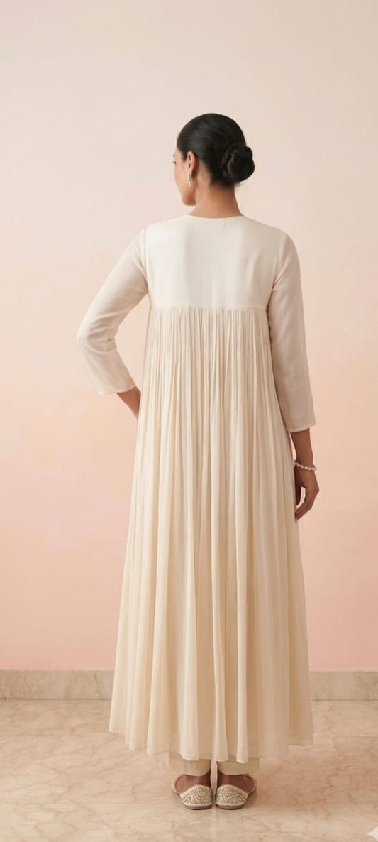 Off white gathered 2pc flare style dress with hangings in front