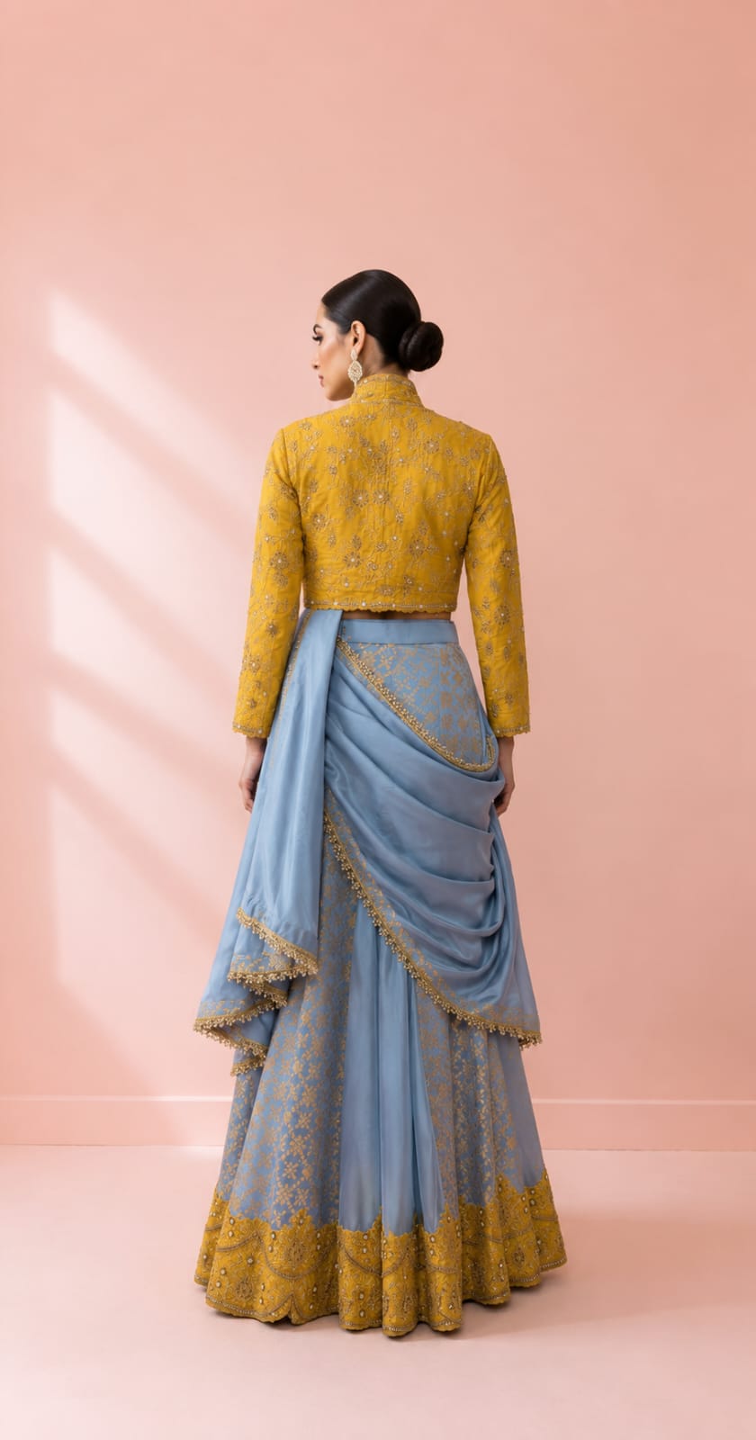 Contemporary Mustard & Dusty Blue Jacket Lehenga