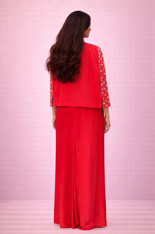 Magenta 3pc set of mirroor work on short coat cape & colourful thread Bustier & Drape