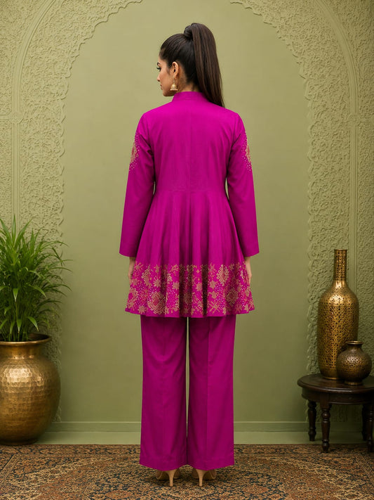 Magenta short flared kurta with wide leg pants