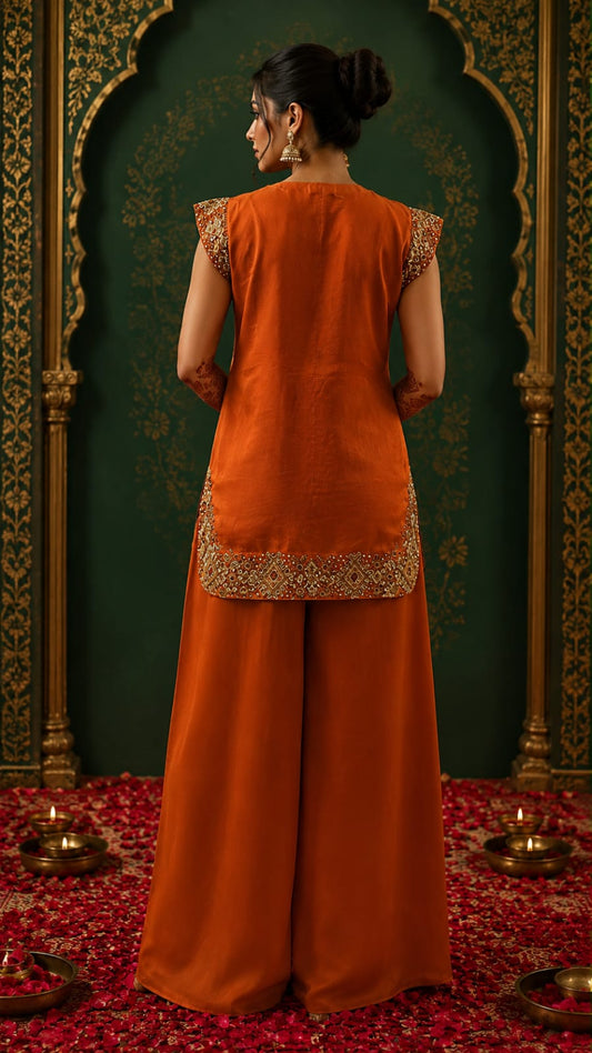 Rust short kurta with C-cut pallazo