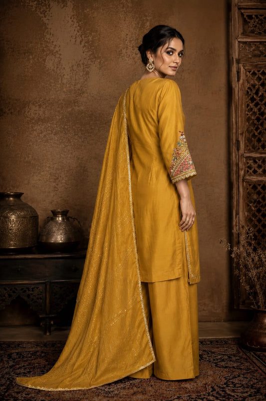 Embroidered Suit With Palazzo & Dupatta