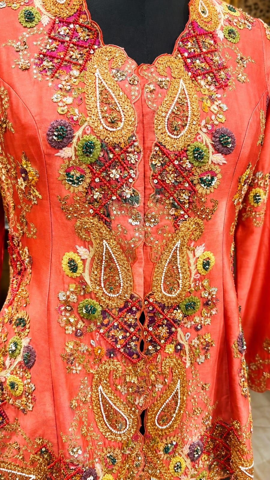 Rust Embroidered Peplum Jacket with Flared Sharara Set