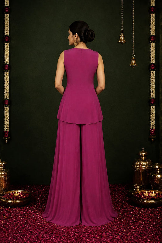 Magenta Embroidered Jacket with Embellised Flared Sharara Set