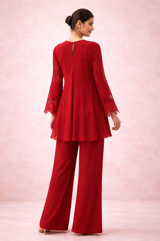 Red Flare kurta with cutwork on sleeves & long hanging on neck with pant