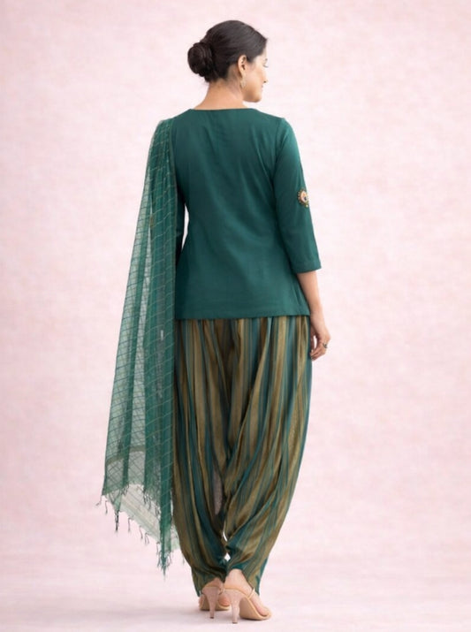 Embellished Green Kurti & Striped Farsi Salwar