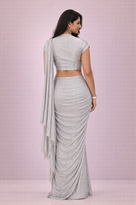 Silver Crushed satin saree with heavy work on blouse