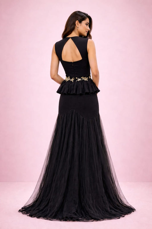 Crepe peplum corset with asymmetrial cut skirt